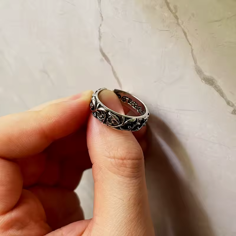 Retro Vine Band Ring For Women, Adjustable Open Ring, Silver Plated Zinc B328
