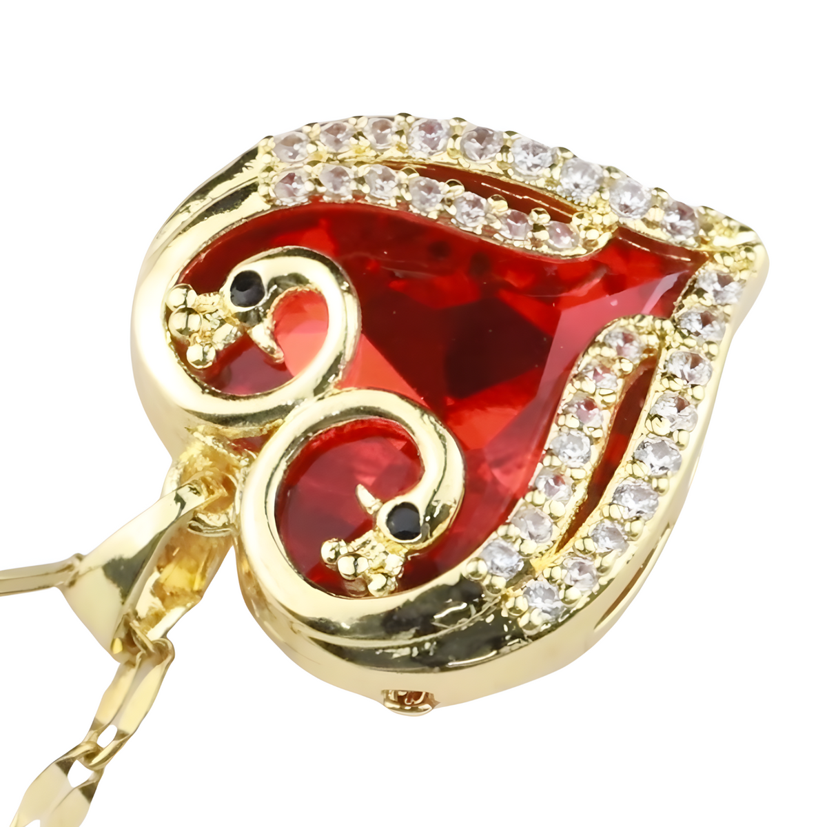 Womens Red Crystal Heart Pendant Necklace 18K Gold Inlaid Cubic Zirconia 1312