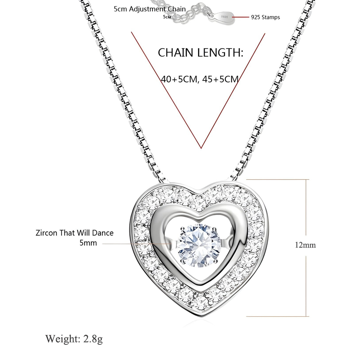 925 Sterling Silver Heart Necklace Women | Dancing Zircon Pendant Adjustable 260