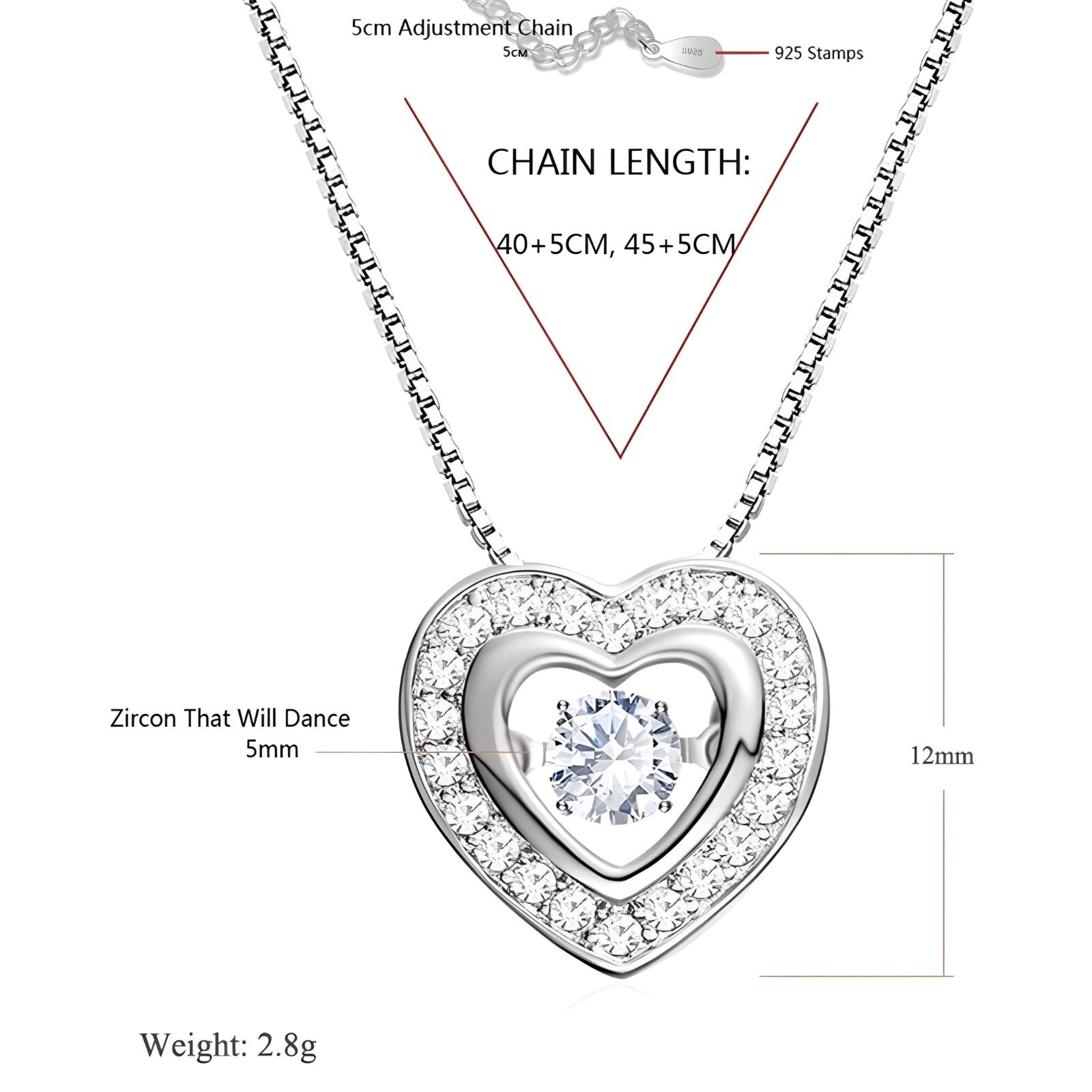 925 Sterling Silver Heart Necklace Women | Dancing Zircon Pendant Adjustable 260