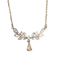 925 Silver Leaf Vine Necklace Women Zinc Alloy Base with Crystal Teardrop 838
