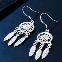 Sterling Silver Dream Catcher Earrings & Necklace Set - Boho Feather Dangle B37