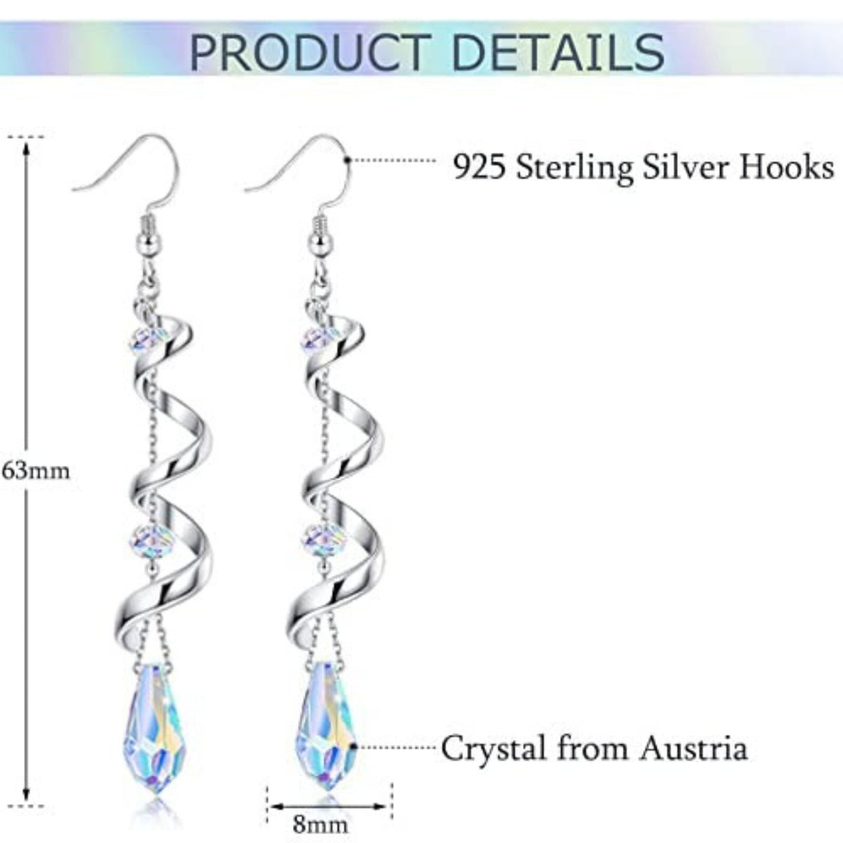 925 Sterling Silver Spiral Ribbon Teardrop Dangle Earrings Austrian Crystal B5