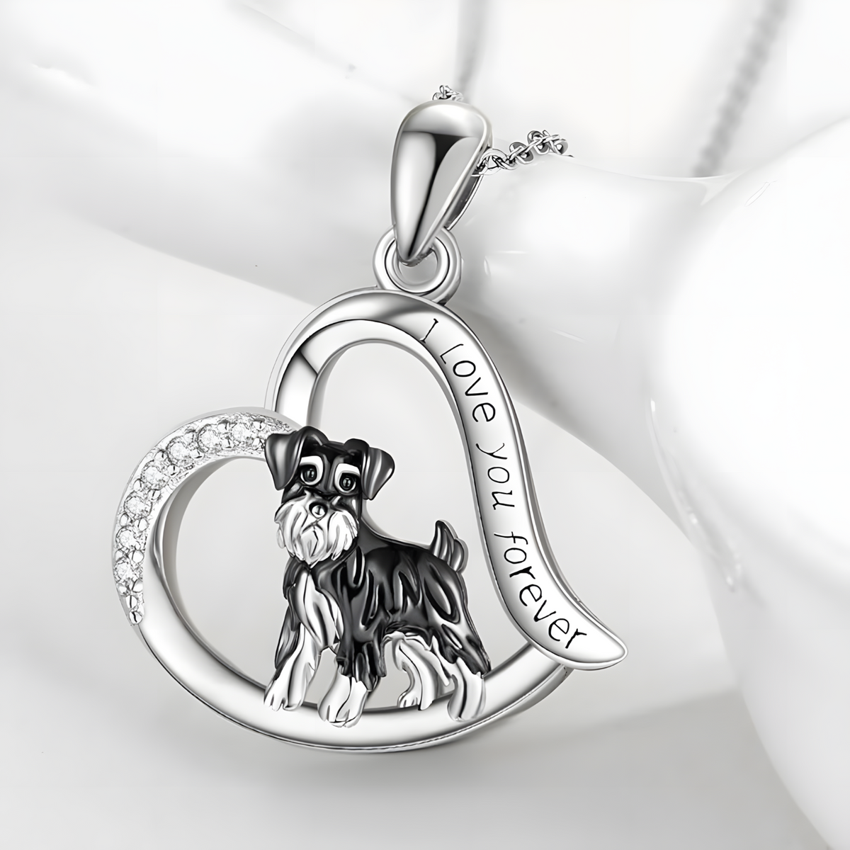 Silver Plated Schnauzer Dog Heart Pendant Necklace 45cm Chain Love Dog 1252
