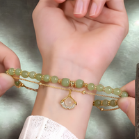 Apricot Green Beaded Bracelet, Gold Colour Double Layer Rope Chain, Leaf 1797