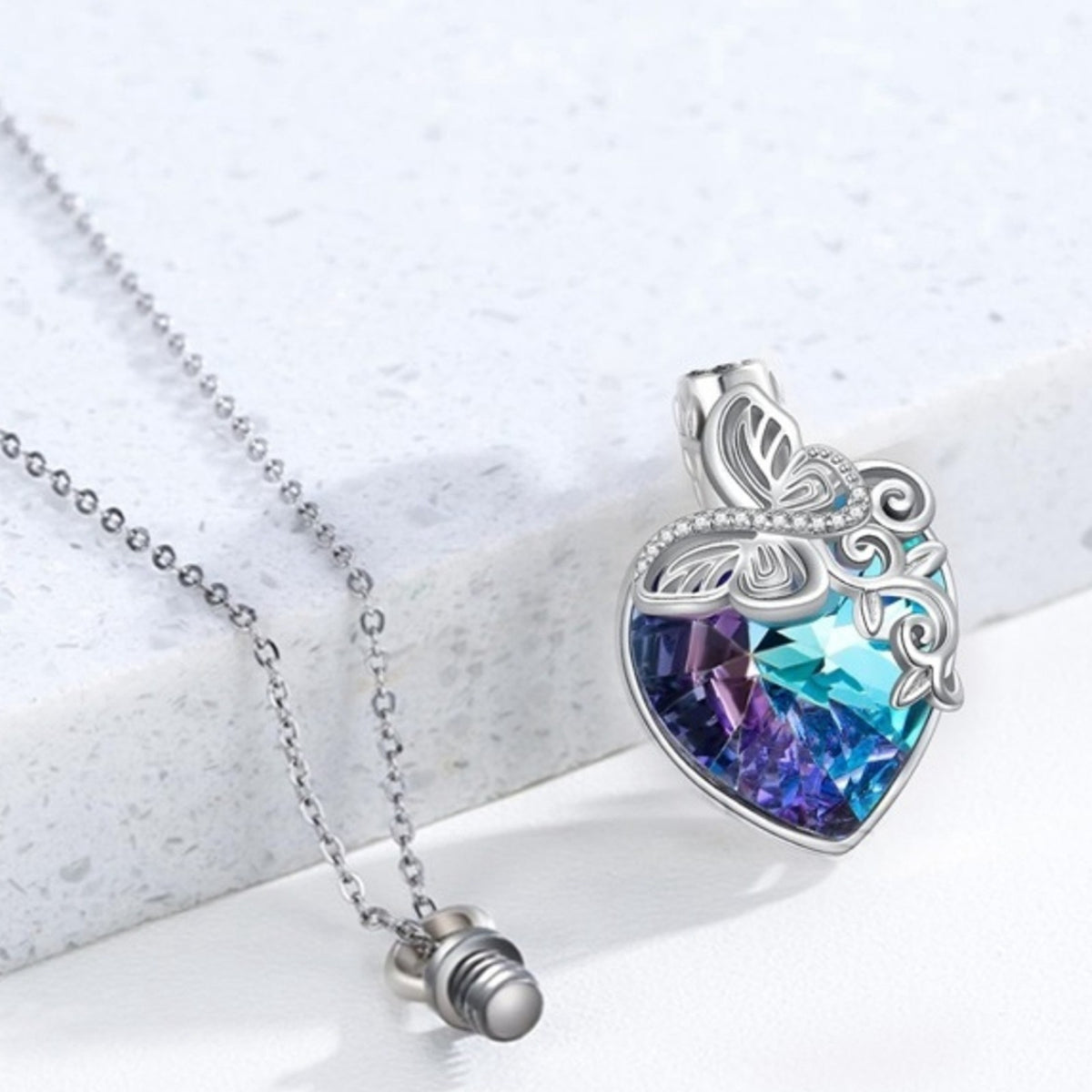 Butterfly Urn Necklace for Ashes - Crystal Heart Memorial Cremation Jewellry B87