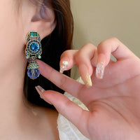 Vintage Blue Water Drop Crystal Clip Earrings Women Round Rhinestones Earing 733