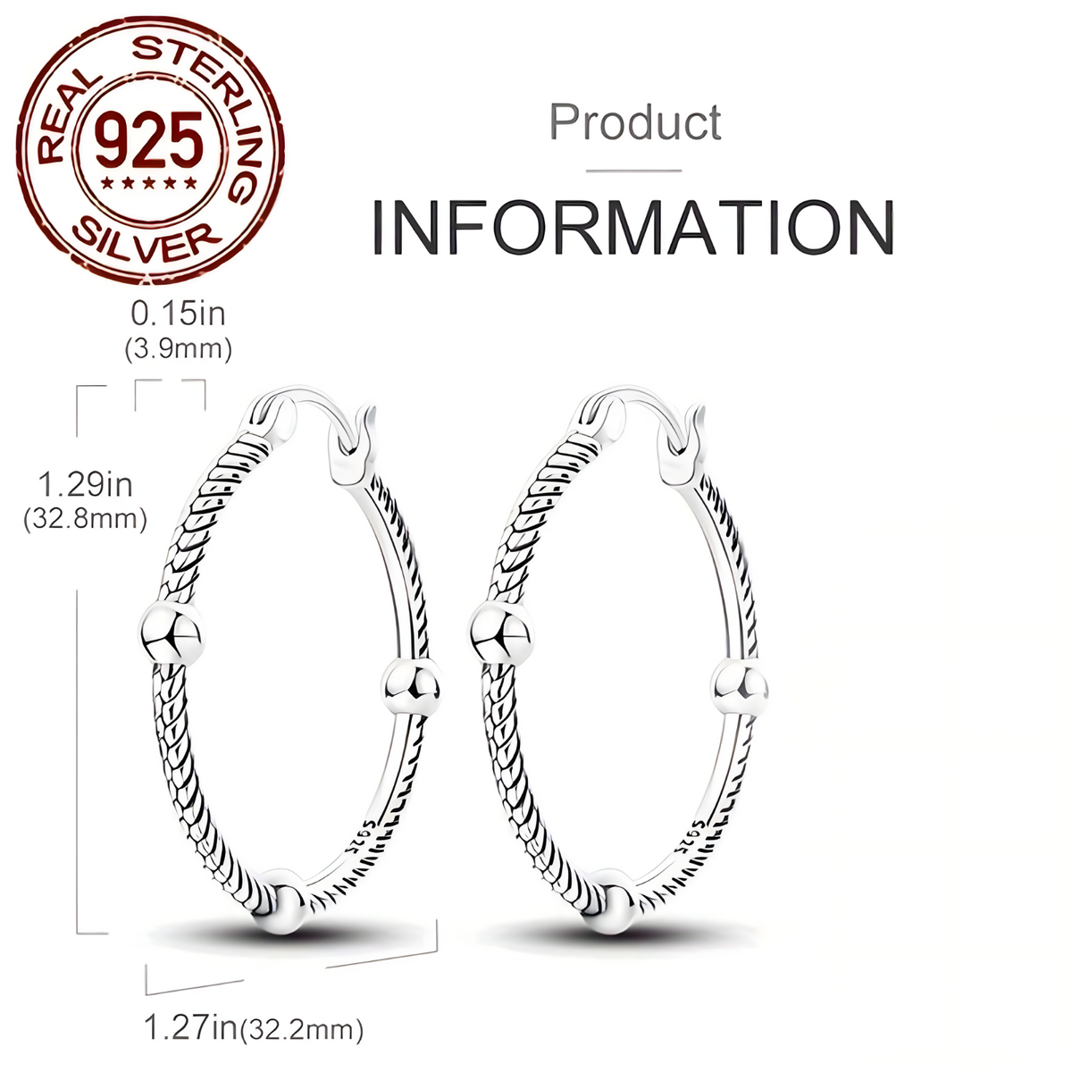 925 Sterling Silver Twisted Rope Hoop Earrings for Women 32.8mm Vintage Boho 625