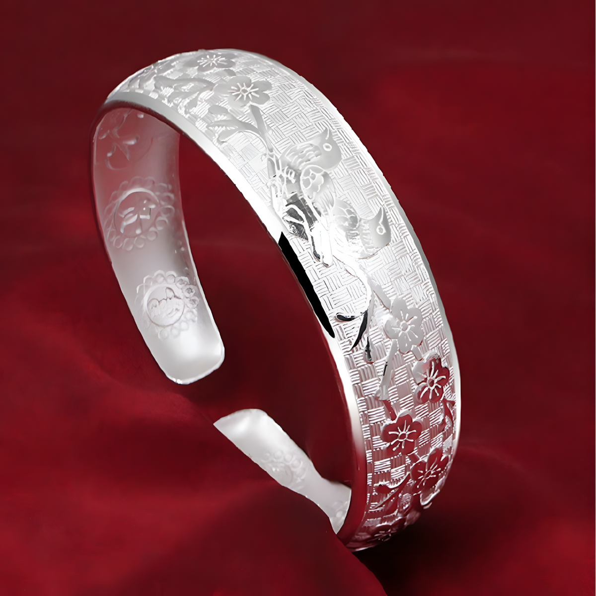 Bird Flower Open Cuff Bangle For Women - Wide Engraved Floral Bracelet  1788