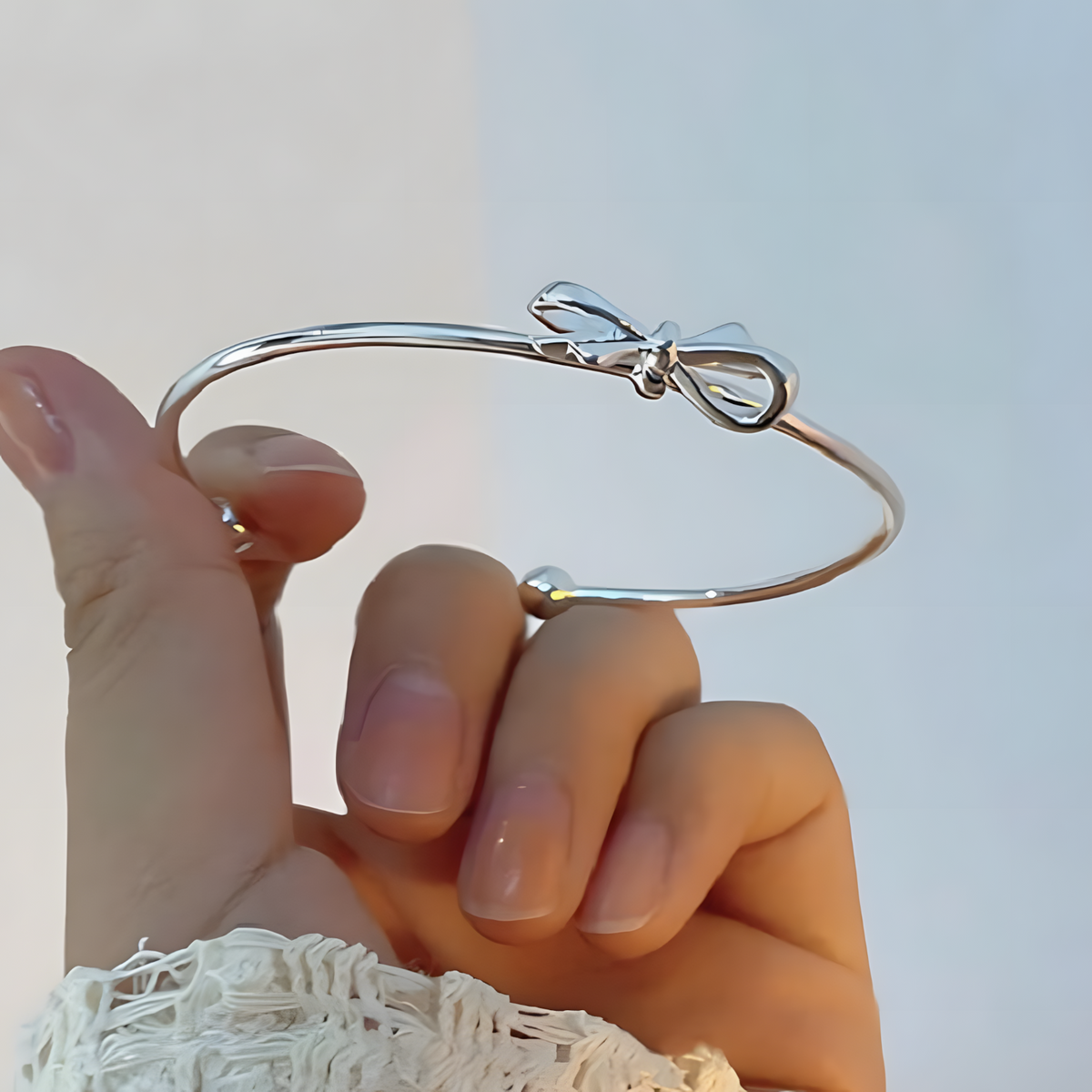 Bow Open Cuff Bangle Bracelet For Women Adjustable Ribbon Knot Smooth Ball 1764