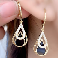 Gold Water Drop Dangle Earring Women–Zinc Alloy Teardrop Design Black Stone 1147