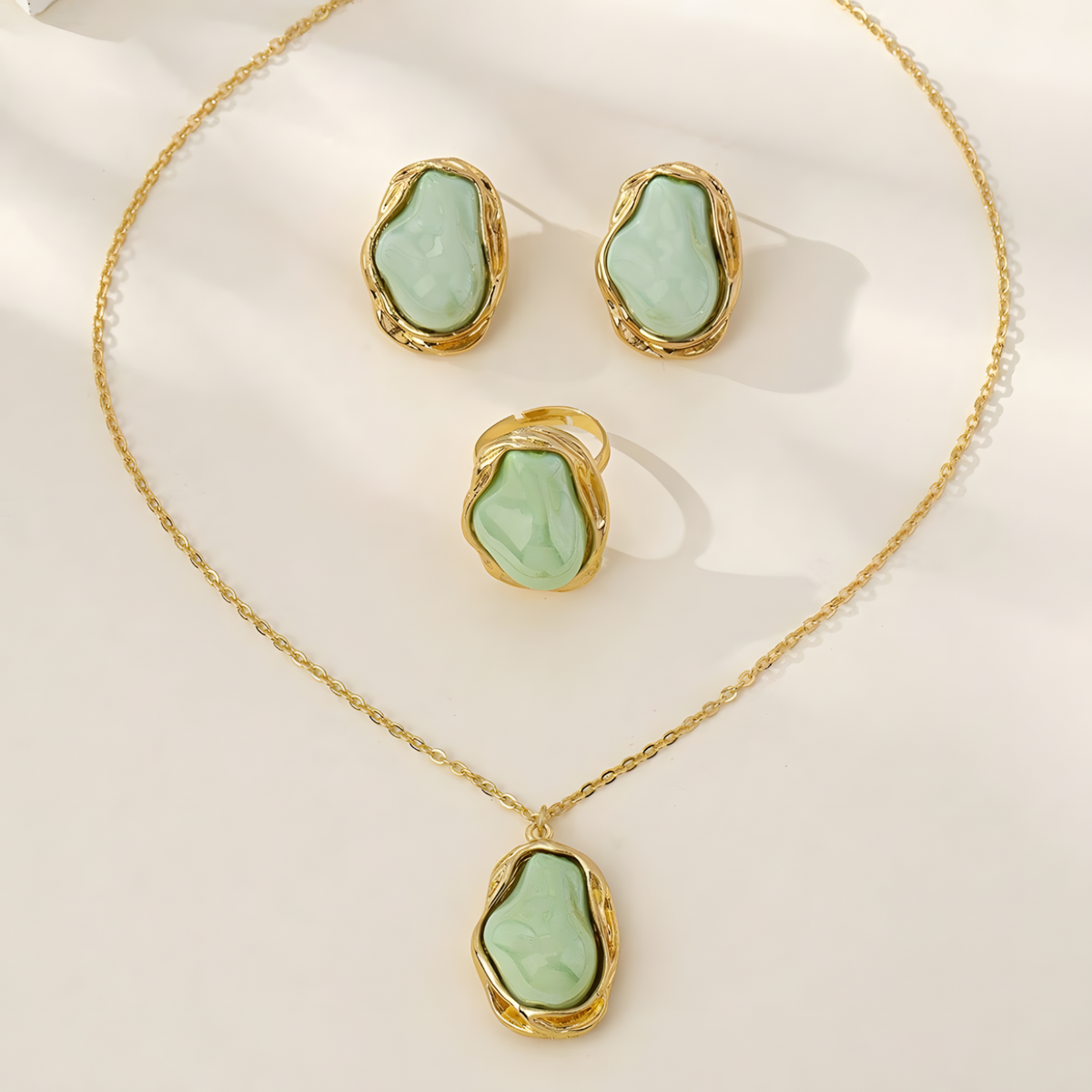 Irregular Green Stone Necklace, Earrings and Ring Set, Freeform Pendant 1724