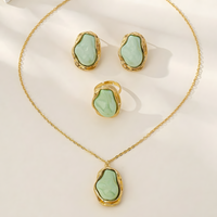 Irregular Green Stone Necklace, Earrings and Ring Set, Freeform Pendant 1724