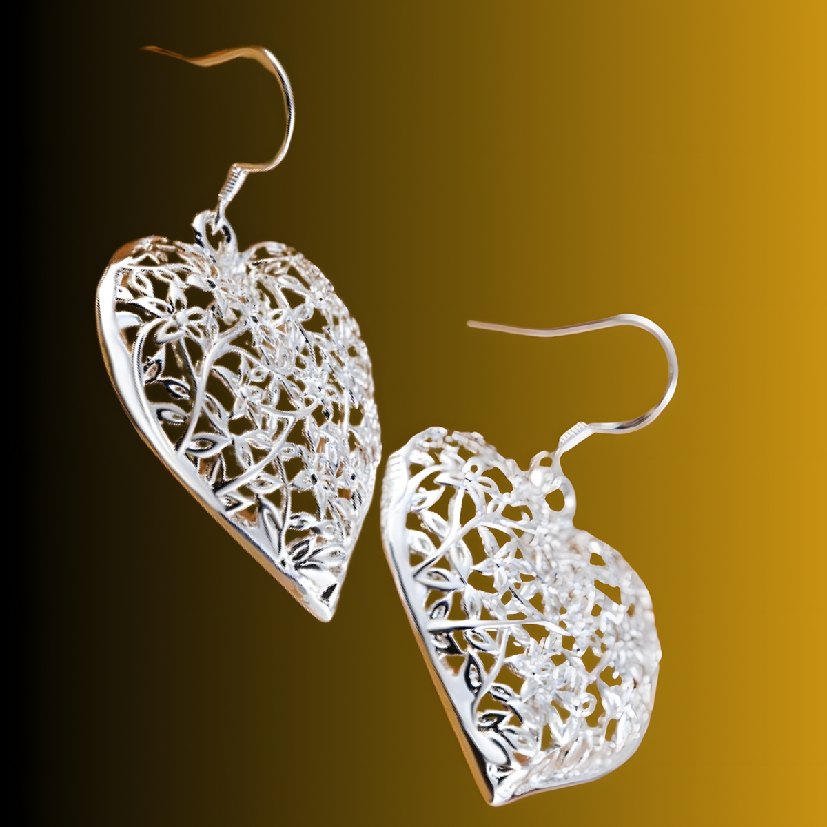 Large Silver Plated Heart Drop Earrings - Cutout Filigree Lace Design Dangle B41