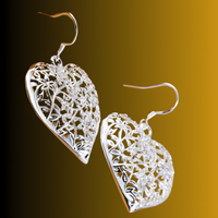 Large Silver Plated Heart Drop Earrings - Cutout Filigree Lace Design Dangle B41