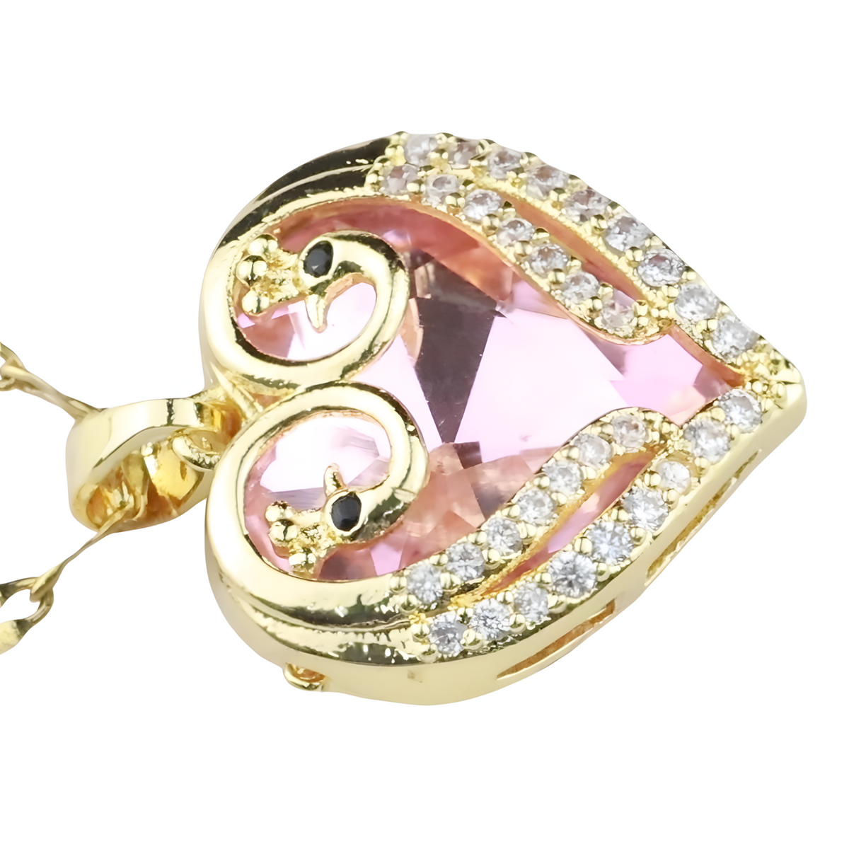 18K Gold Inlaid Pink Crystal Heart Pendant Necklace Cubic Zirconia Micro 1310