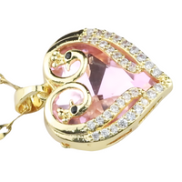 18K Gold Inlaid Pink Crystal Heart Pendant Necklace Cubic Zirconia Micro 1310