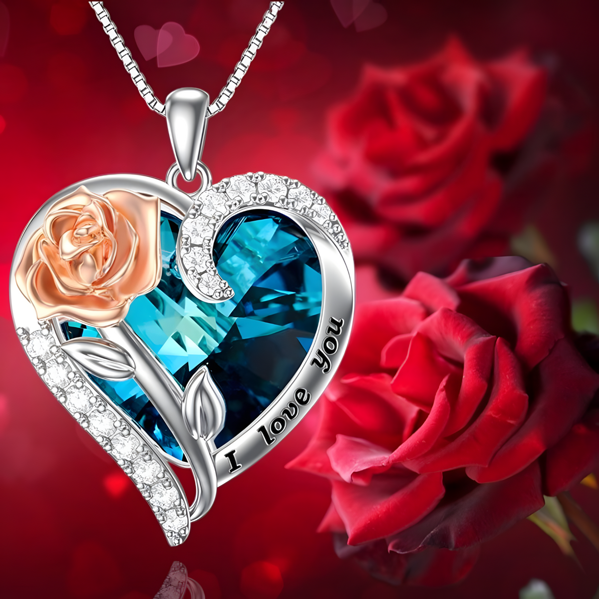 Fashion "I Love You" Rose Flower Pendant Necklace Ladies Heart Crystal Jewel B14