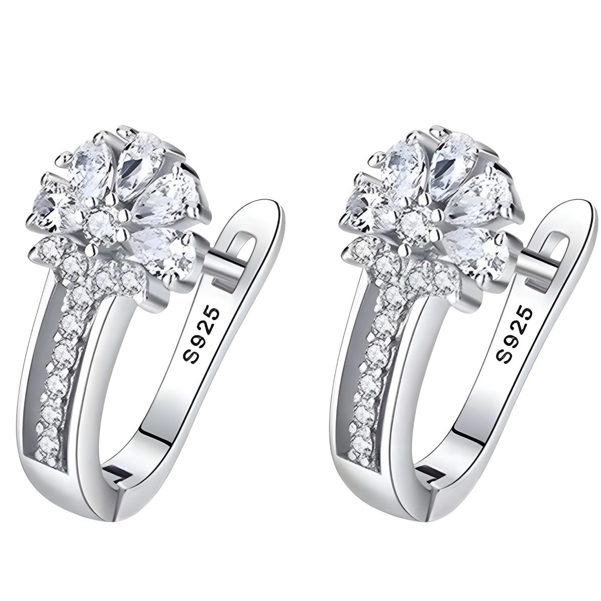 925 Sterling Silver Crystal Flower Stud Earrings Women; Clear Zirconia Pave B182