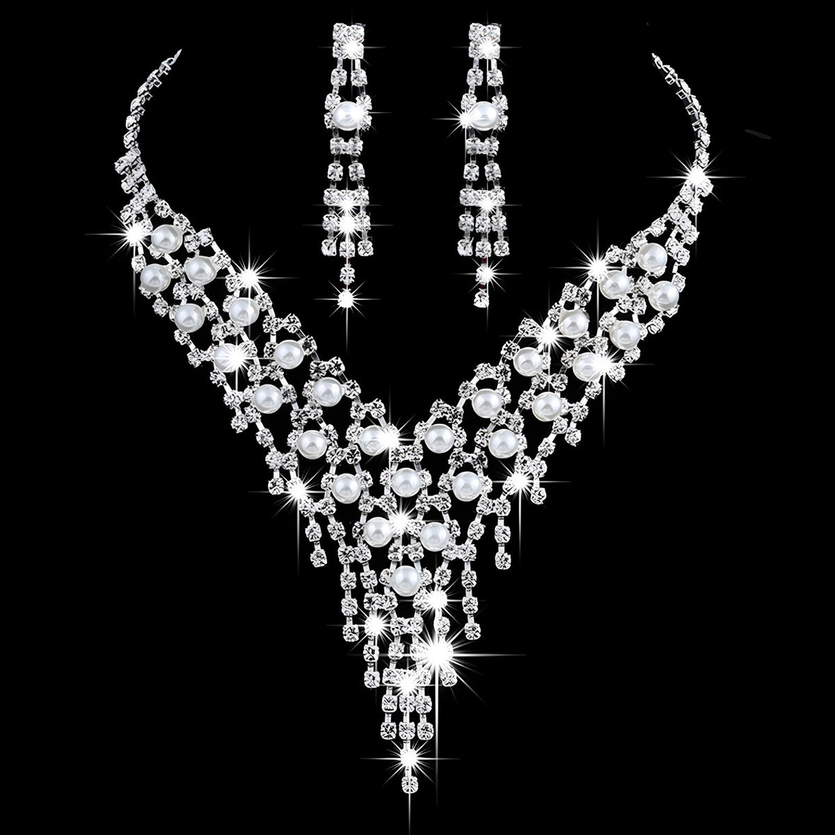 Bridal Jewelry Set-Pearl and Crystal Necklace & Dangle Earrings, Wedding 395