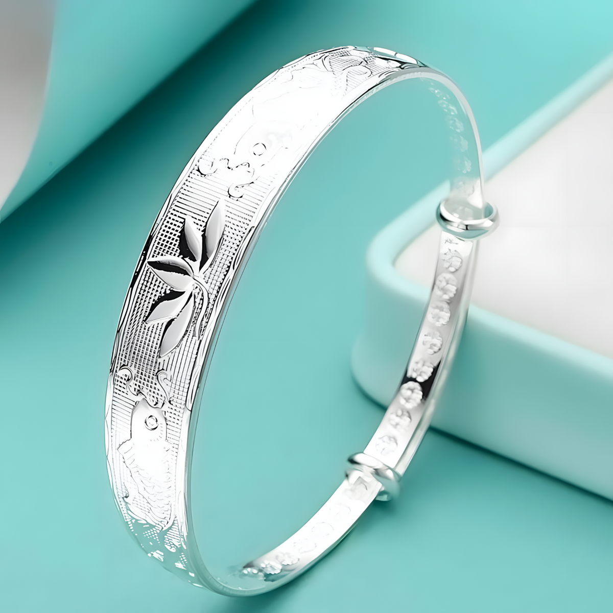 Lotus Fish Pattern Open Bangle Bracelet For Women Adjustable Cuff Wide Text 1771