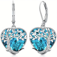 Heart-Shaped Tree of Life Drop Earrings with Blue Crystal Sterling Silver 743