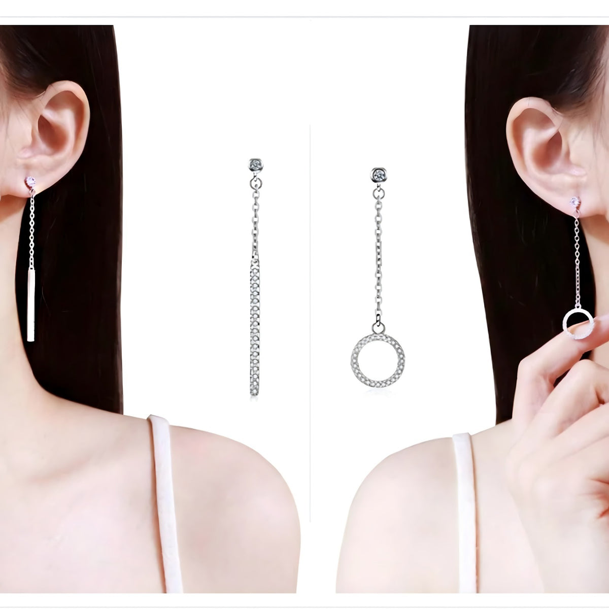 925 Sterling Silver Asymmetrical Drop Earrings - Long Chain Dangle Earrings 350