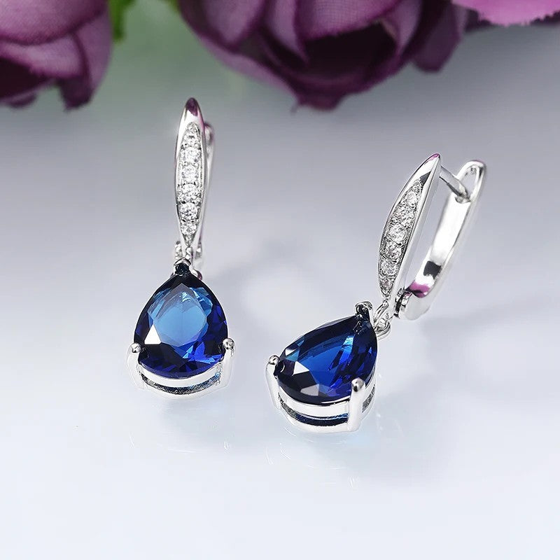 Blue Pear Cut Cubic Zirconia Drop Earrings for Women - Rhodium-Plated Alloy 1450