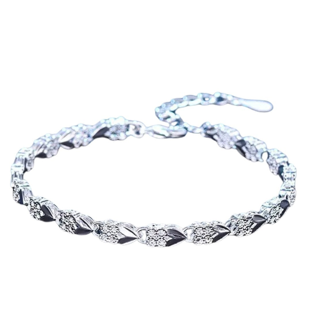 925 Sterling Silver Floral Link Bracelet for Women with Heart Charm, Elegant 414