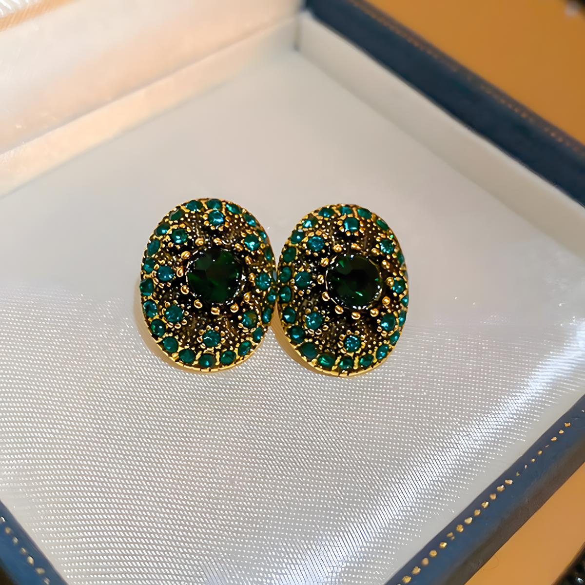 Vintage Green Crystal Oval Stud Earrings For Women Gold-Plated Copper 1462