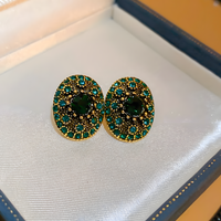 Vintage Green Crystal Oval Stud Earrings For Women Gold-Plated Copper 1462