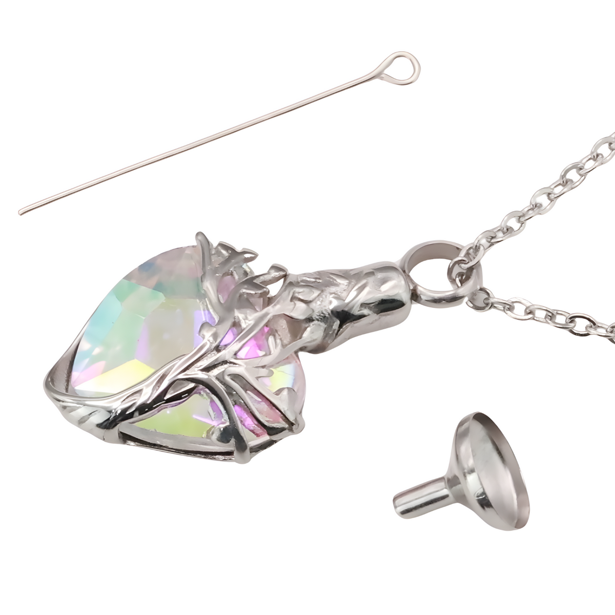 Heart Tree of Life Urn Necklace Crystal Funnel Filler 316L Stainless Steel B209