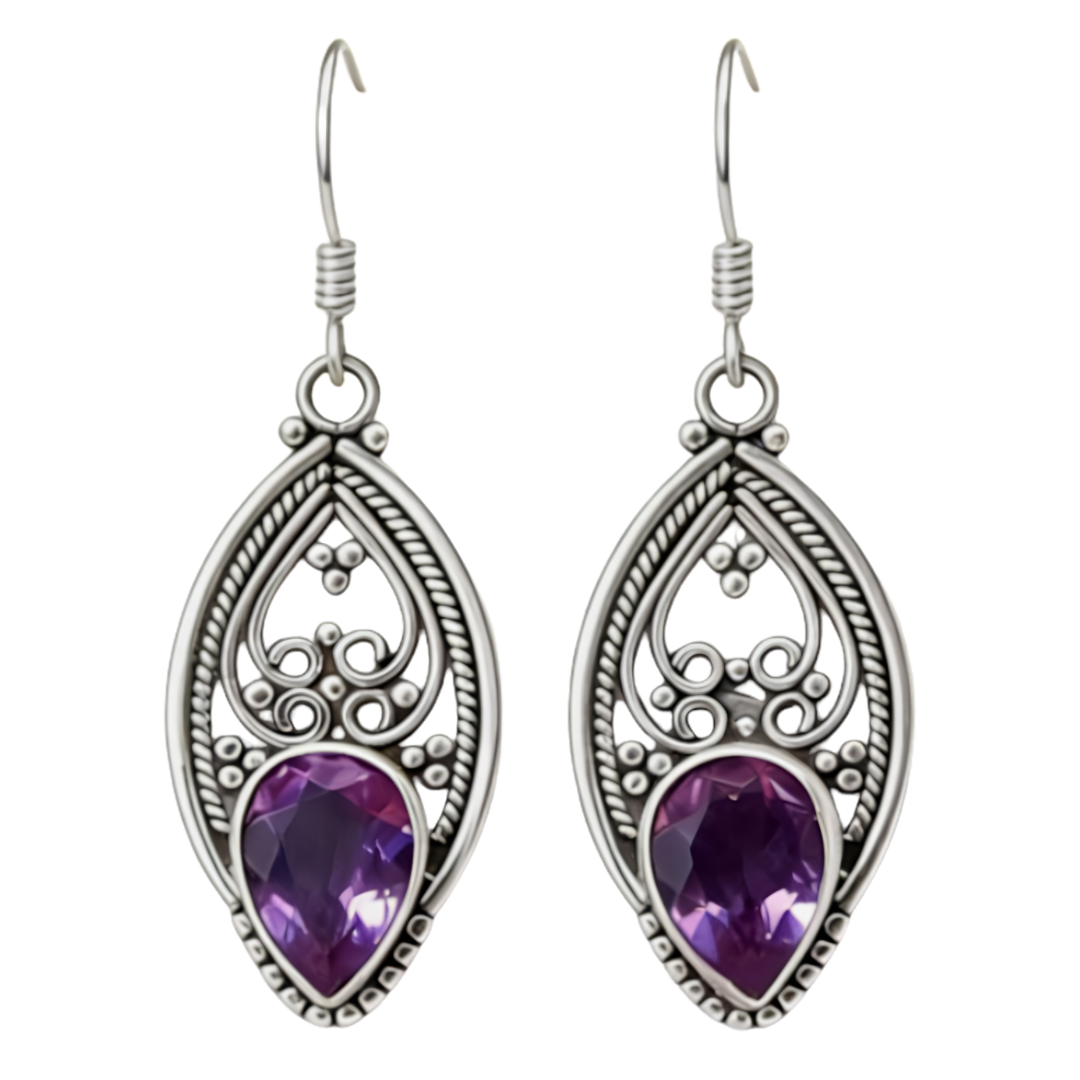Purple Teardrop Crystal Look Drop Earrings For Women Silver Colour Filigree 1775