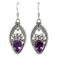 Purple Teardrop Crystal Look Drop Earrings For Women Silver Colour Filigree 1775
