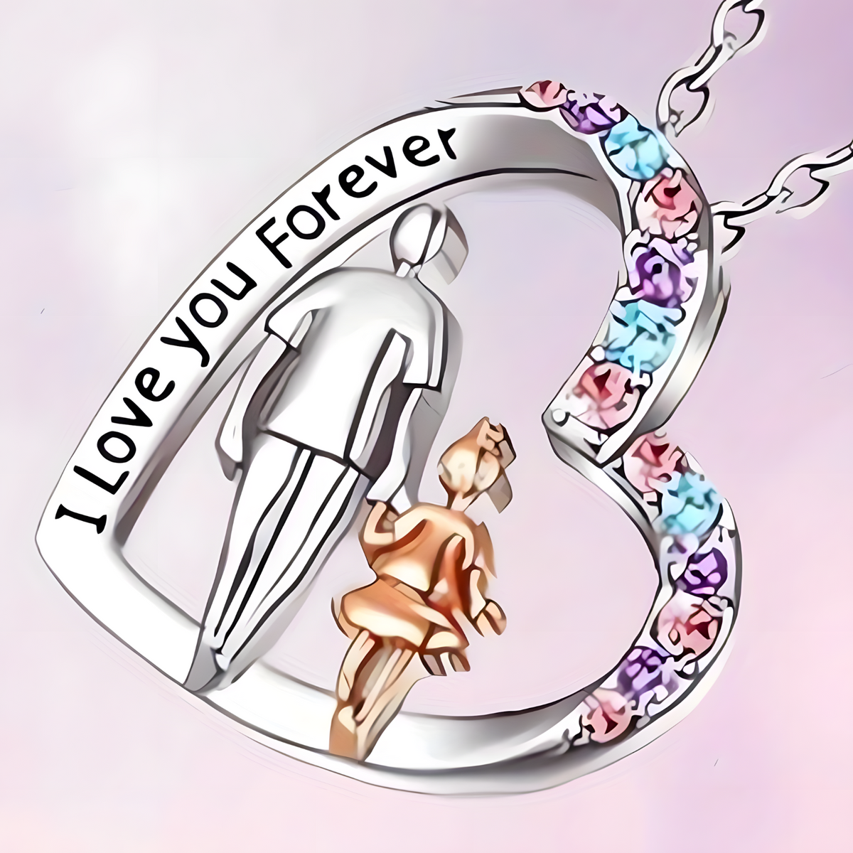"I Love You Forever" Father Daughter Heart Necklace Pendant Cubic Zirconia B56