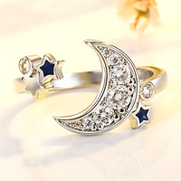 925 Sterling Silver Moon and Star Adjustable Ring Rhinestone Celestial Ring 367
