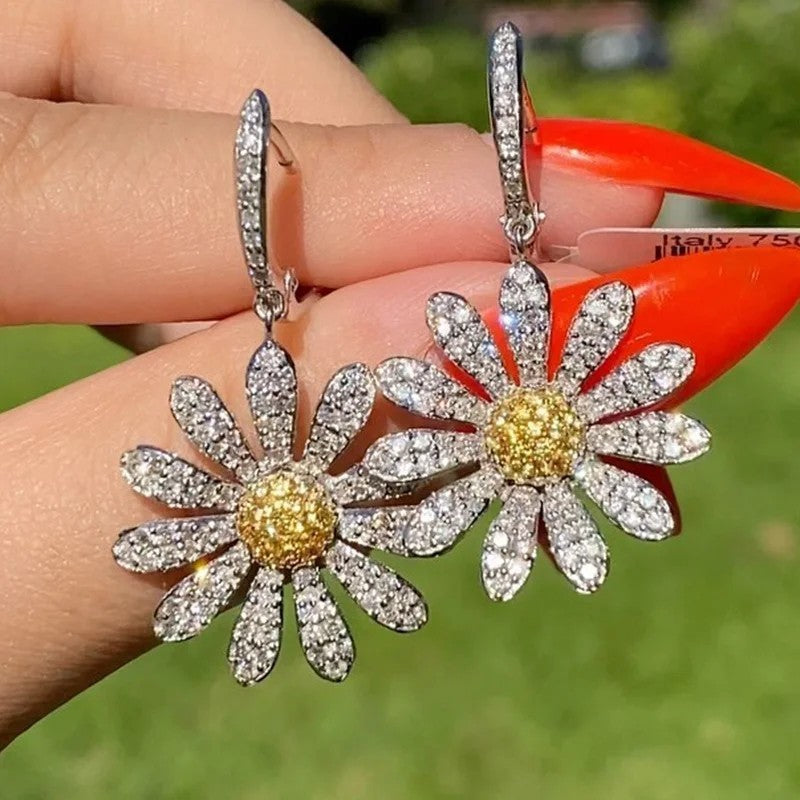 Daisy Flower Drop Earrings Women Zinc Alloy Metal Crystal Sunflower Design 1056