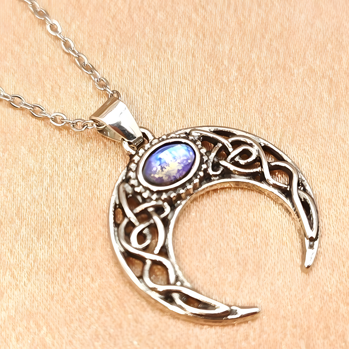 Celtic Crescent Moon Necklace for Women – Zinc Alloy Moon Pendant Blue Opal 1105