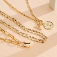 3-Layer Gold Chain Necklace Set Women – Retro Coin & Padlock Pendant Layered 702