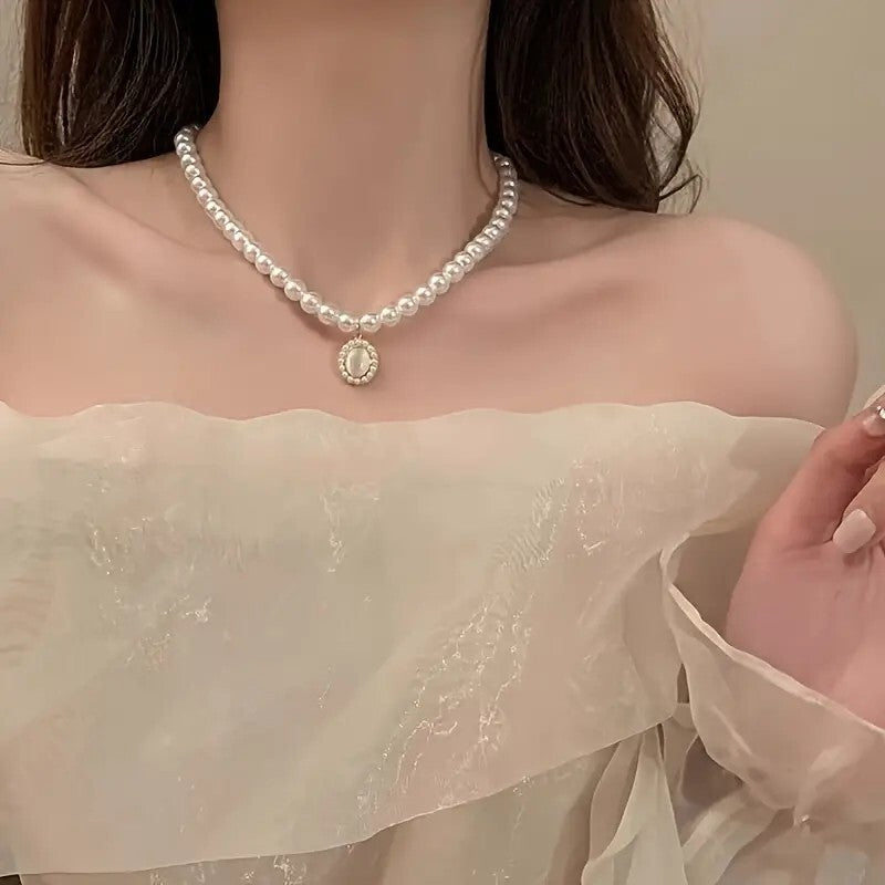 French Style Freshwater Pearl Necklace Opal Pendant Collarbone Chain 83 UK