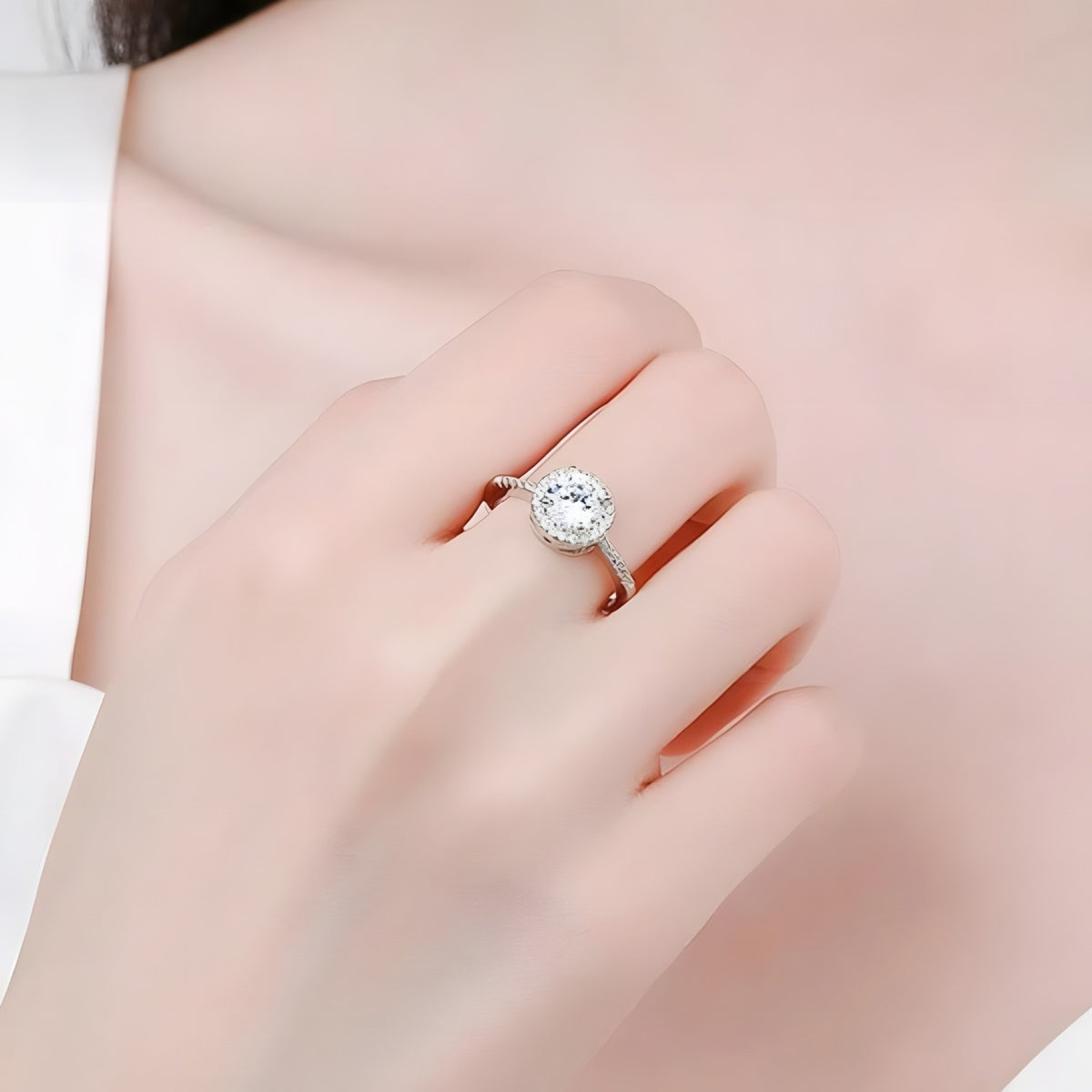 925 Sterling Silver AAA Cubic Zirconia Halo Engagement Ring, 8mm Round Cut 376