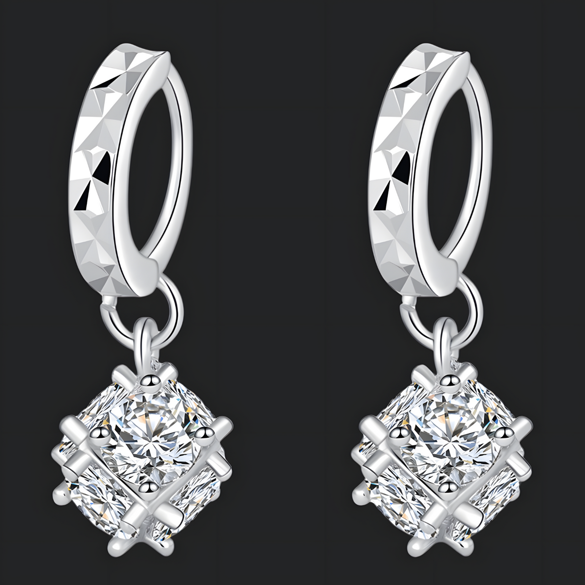 925 Silver Hoop Earrings for Women Geometric Cube Drop Design Cubic Zirconia 915