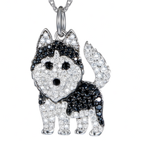 Husky Dog Pendant Necklace For Women Black And Clear Crystal Animal Charm  B232