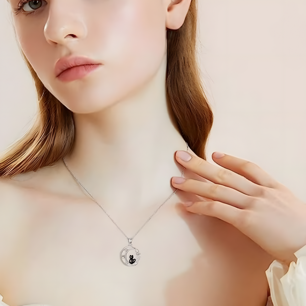 Black Cat Moon Pendant Necklace for Women – Zinc Geometric Crescent Moon 1240