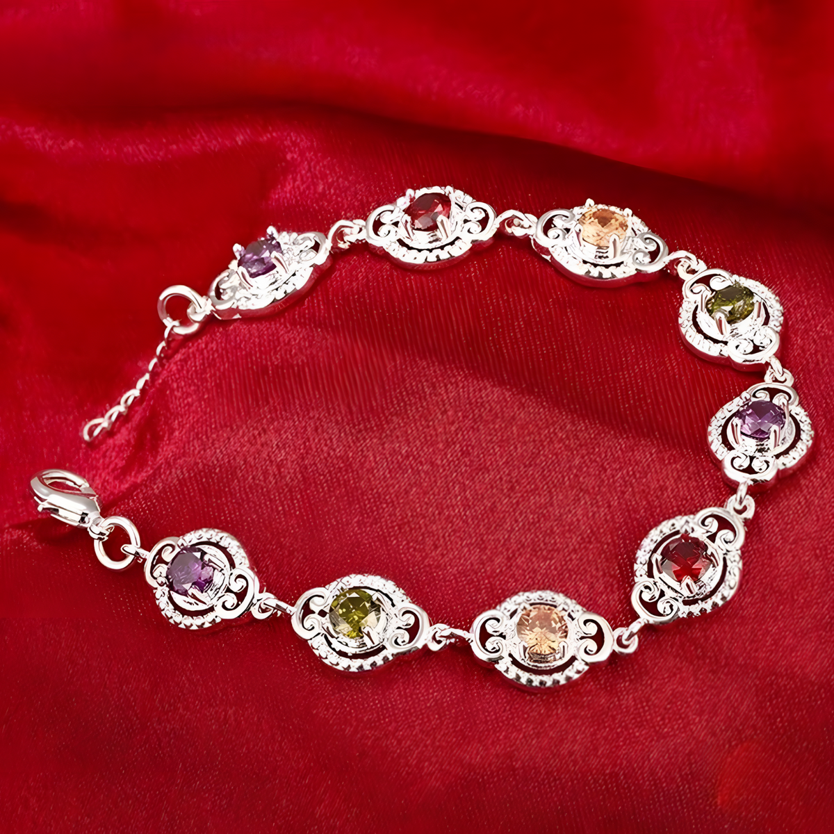 MultiColour Crystal Charm Bracelet For Women Silver Tone Chain Link l 1744