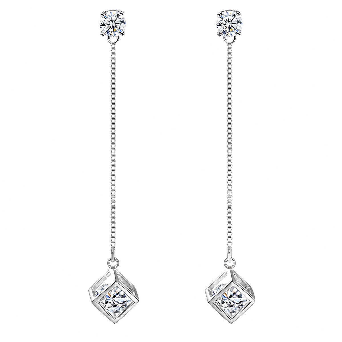 925 Silver-Plated Long Drop Earrings for Women Sparkling Cubic Zirconia Cube 986