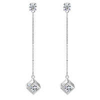 925 Silver-Plated Long Drop Earrings for Women Sparkling Cubic Zirconia Cube 986