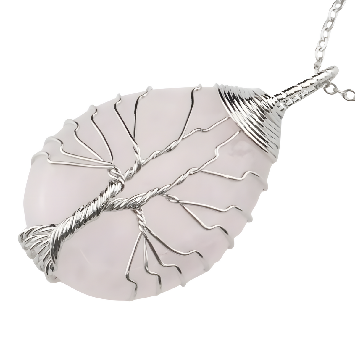 Silver Pink Crystal Tree Of Life Pendant Necklace For Women Oval Gemstone 1337