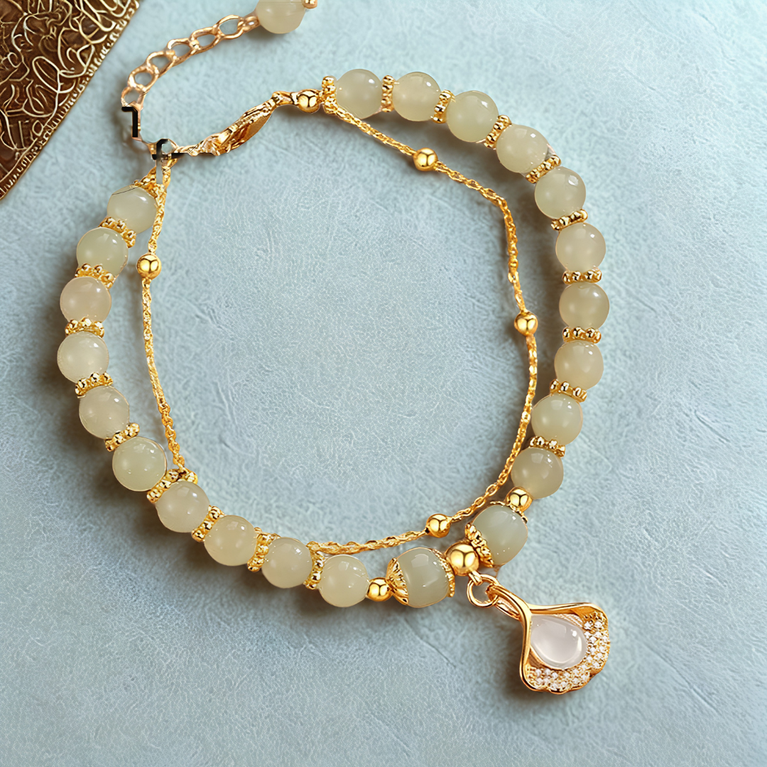Apricot Green Beaded Bracelet, Gold Colour Double Layer Rope Chain, Leaf 1797
