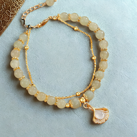 Apricot Green Beaded Bracelet, Gold Colour Double Layer Rope Chain, Leaf 1797